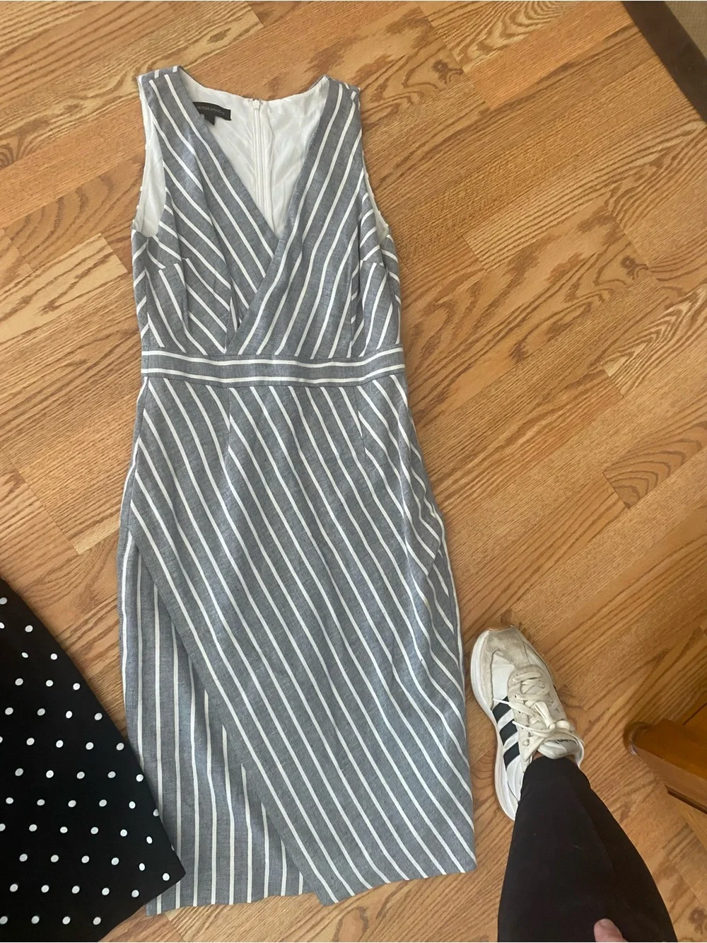 Banana Republic Gray and White Striped V-Neck Wrap Midi Dress